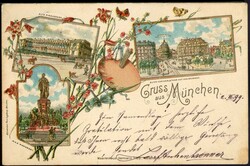 München: 'Gruß aus...'-Farb-Lithokarte mit Ansichten der Alten ...