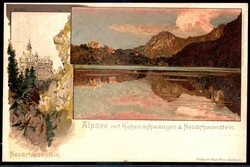 Neuschwanstein: farbige Künstler-Karte 'Alpsee mit Hohenschwangen ...