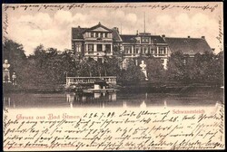 S/w.-AK 'Gruss aus Bad Elmen - Schwanenteich', gelaufen 1899 nach ...