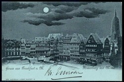 Frankfurt a. M.: Mondscheinkarte 'Römerberg mit Messe', gelaufen ...