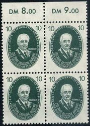 10 Pf. Akademie 1950, im Viererblock mit Oberrand, tadellos ...