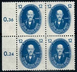 12 Pf. Akademie 1950, im Viererblock mit linkem Seitenrand, tadellos ...