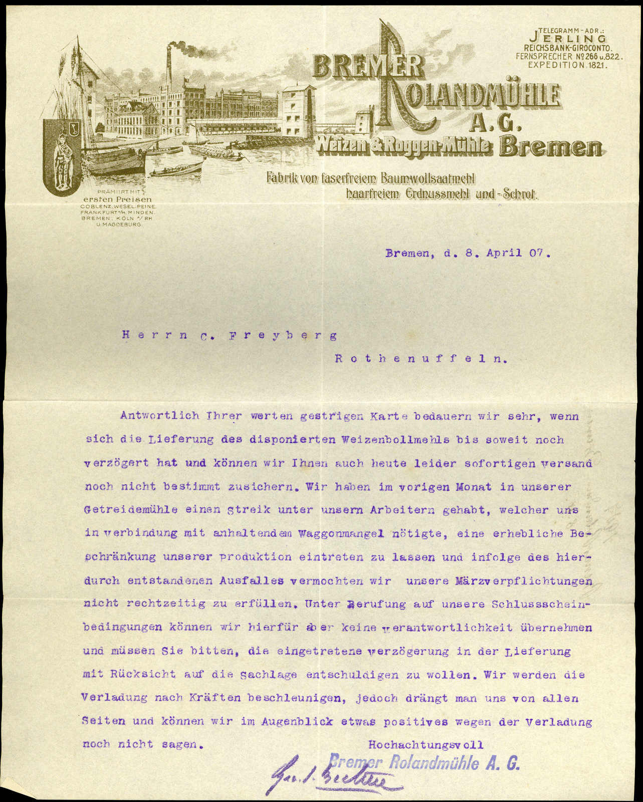 Bremen, Rolandsmühle: inters. Partie aus sieben Korrespondenzen an ...