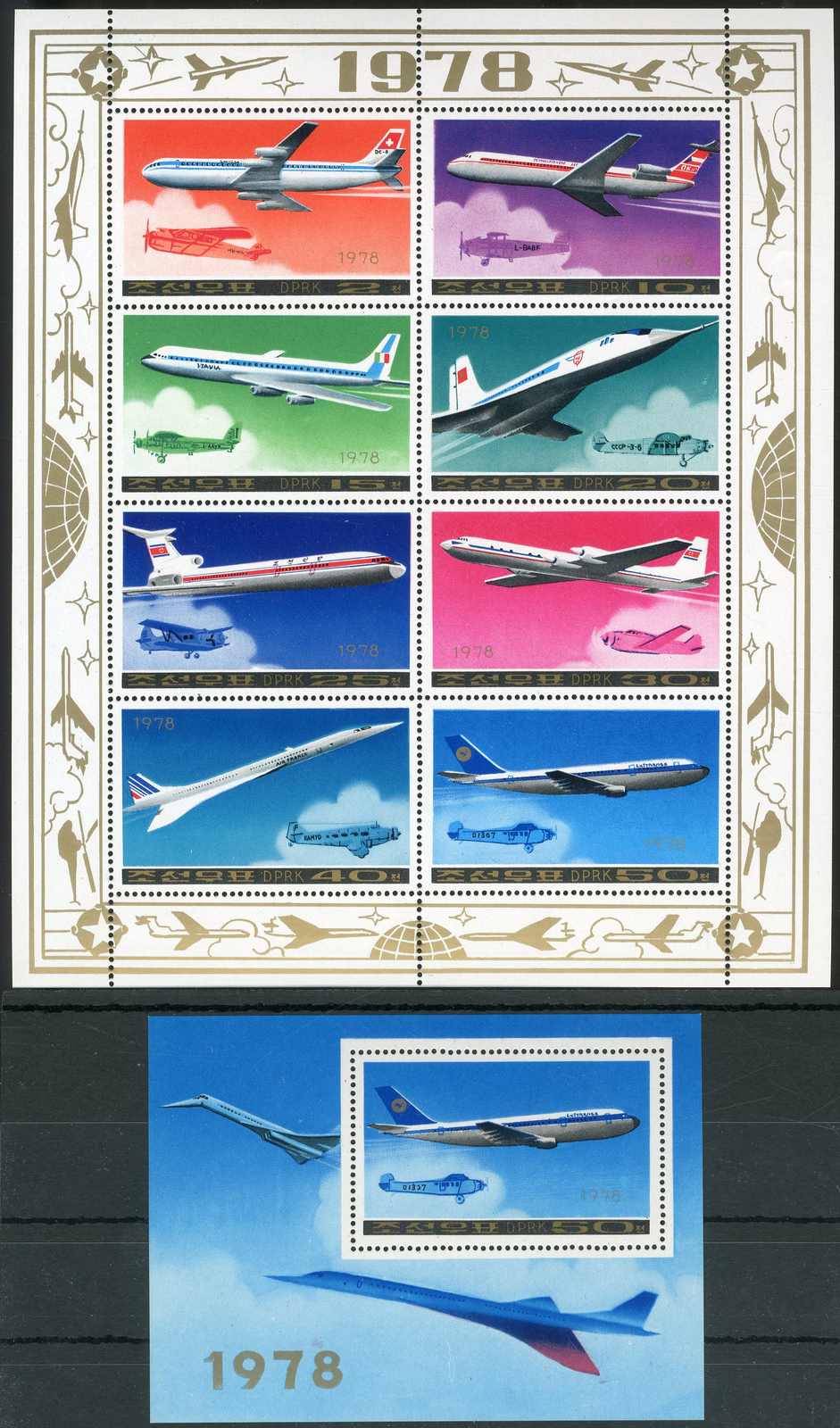 Verkehrsflugzeuge-Satz im Kleinbogen sowie -Block 1978, tadellos ...