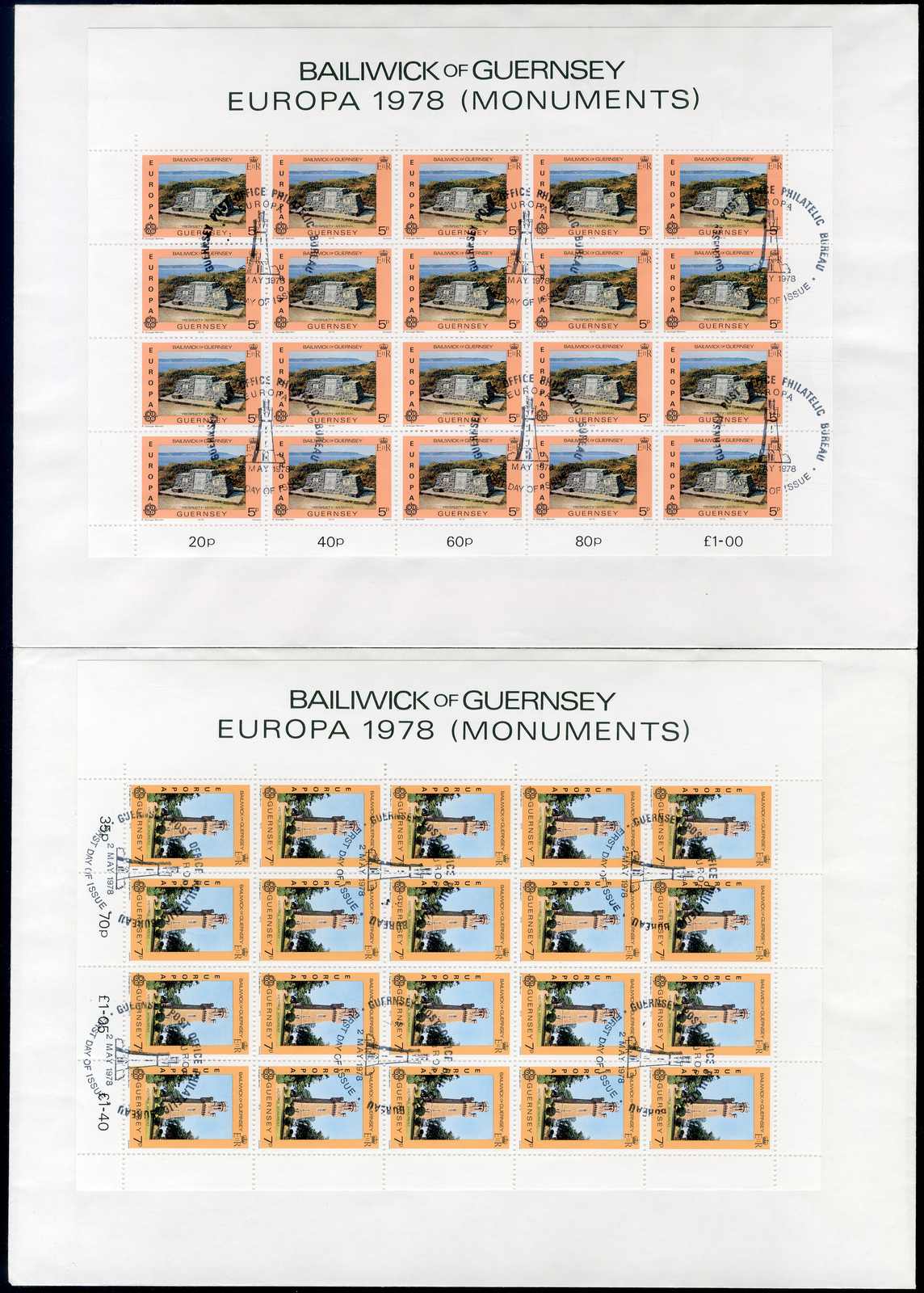 Europa Baudenkmäler 1978, jew. in 20er-Originalbogen auf Umschlag, ...