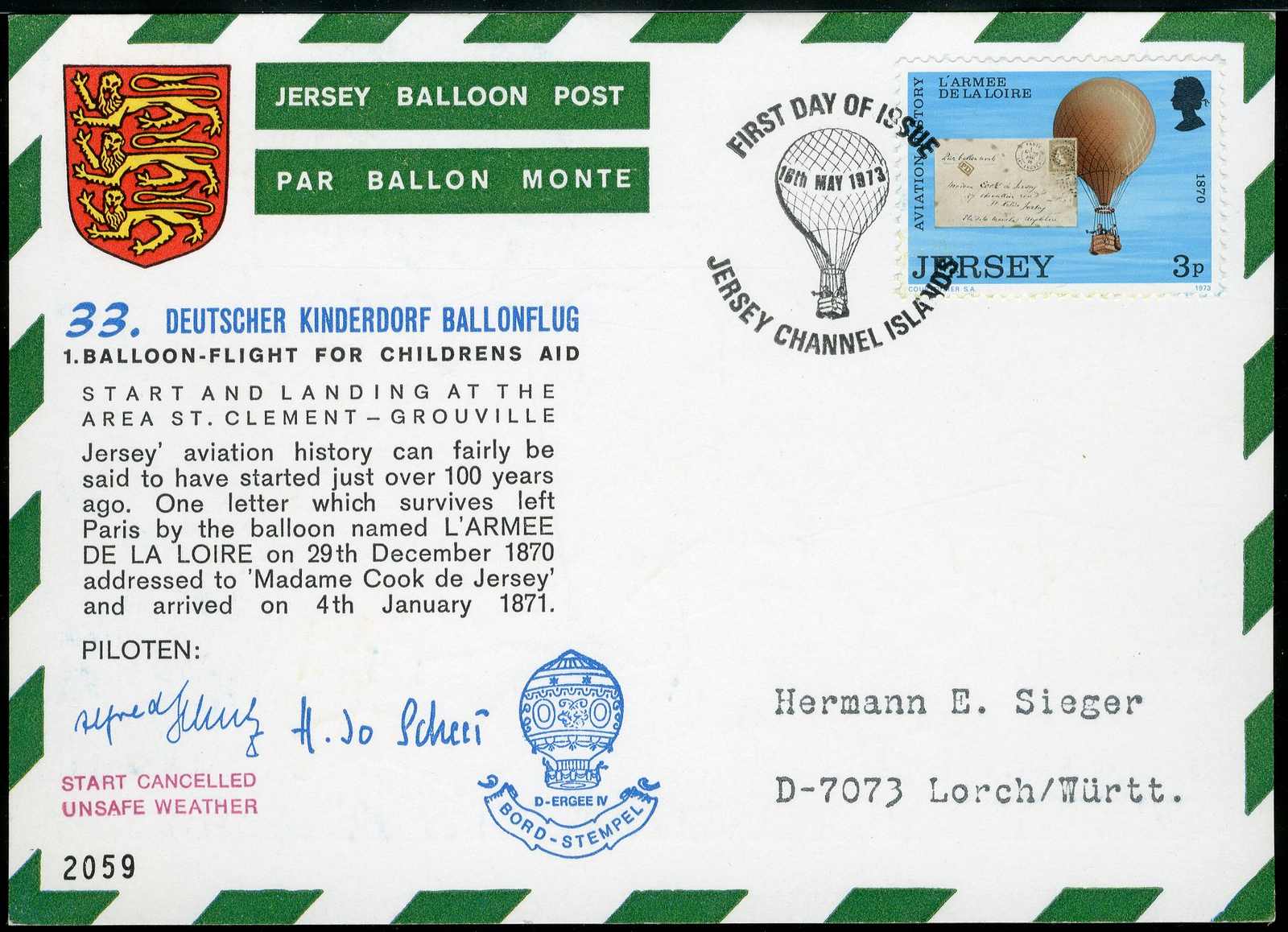 3 P. Geschichte der Luftfahrt 1973, auf Ballonpost-Karte zum 33. ...