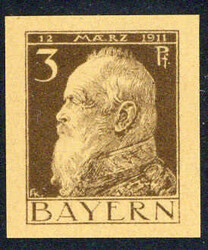 3 Pf. Luitpold 1911, ungezähnter Andruck auf gelblichem, ungumiertem ...
