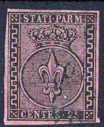 25 C. Wappen 1852, schwarz auf violett, mit Eckstpl.-Entwertung, ...