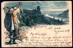 Heidelberg: frühe Farb-Lithokarte mit Panoramaansicht auf Schloss ...