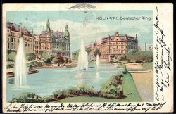 Köln: farbige Lithokarte mit Ansicht des Deutschen Rings, gelaufen ...