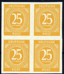 25 Pf. Ziffer 1946, orangegelb, Viererblock ungezähnt statt gezähnt ...