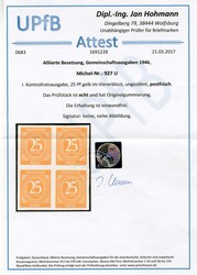 25 Pf. Ziffer 1946, orangegelb, Viererblock ungezähnt statt gezähnt ...