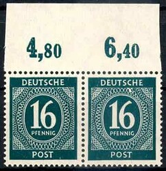 16 Pf. Ziffer, waager. Paar vom Oberrand im Plattendruck mit ndgz. ...