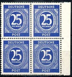 25 Pf. Ziffer ultramarin, Viererblock vom rechten Seitenrand, die ...