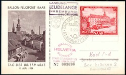 Tag der Briefmarke 1954, herrl. auf Sonderkarte 'Ballon-Flugpost Saar ...