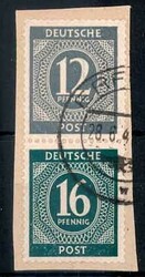 12 Pf. + 16 Pf. Ziffer 1946, sauber gest. auf Briefstück, Pracht. ...