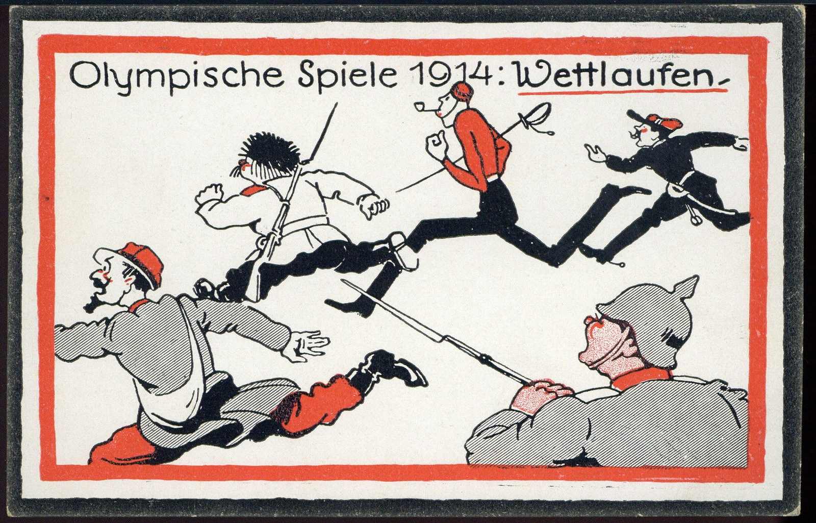 Propagandakarte zu Beginn des I. WK 1914, hier 'Wettlaufen', inters. ...