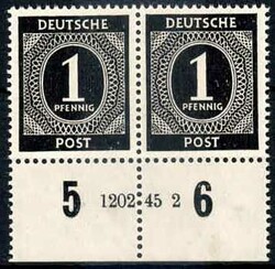 1 Pf. Ziffer 1946, im waager. Paar mit Unterrand und HAN '1202.45 2', ...