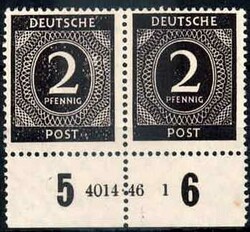 2 Pf. Ziffer 1946, im waager. Paar mit Unterrand und HAN '4014.46 1', ...
