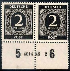 2 Pf. Ziffer 1946, im waager. Paar mit Unterrand und HAN '4014.46 2', ...