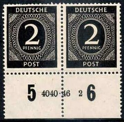 2 Pf. Ziffer 1946, im waager. Paar mit Unterrand und HAN '4040.46 2', ...