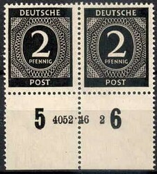 2 Pf. Ziffer 1946, im waager. Paar mit Unterrand und HAN '4052.46 2', ...