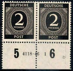 2 Pf. Ziffer 1946, im waager. Paar mit Unterrand und HAN '4118.46 1', ...