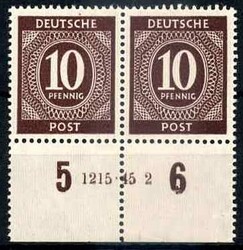 10 Pf. Ziffer 1946, im waager. Paar mit Unterrand und HAN '1215.45 2' ...