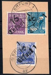 6 Pf., 20 Pf. und 50 Pf. Arbeiter mit Handstpl.-Aufdruck '16-Erfurt ...