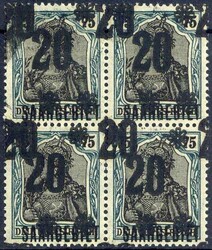 20 Pf. auf 75 Pf. Germania 1921, Viererblock im Doppeldruck, ...