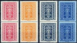 1200 Kr., 1500 Kr., 1600 Kr. und 4000 Kr. Freimarken 1922, jew. im ...
