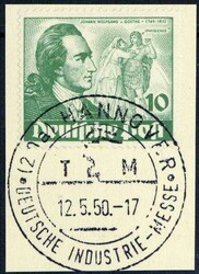 Goethe-Satz 1949, jew. einzeln auf Briefstück mit herrl. SST ...