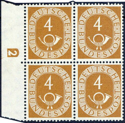4 Pf. Posthorn 1951/1952, im Viererblock mit linkem Seitenrand, dort ...