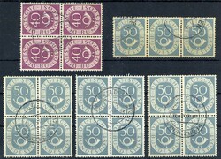40 Pf. Posthorn 1951, im Viererblock sowie 50 Pf. in drei ...
