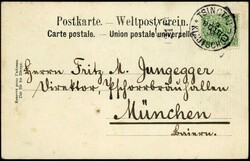 5 Pf. Krone/Adler mit steilem Aufdruck 'China', auf mehrfarbiger AK ...