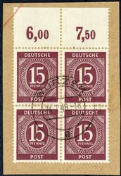 15 Pf. Ziffer, bräunlichlila, Viererblock vom Oberrand im ...
