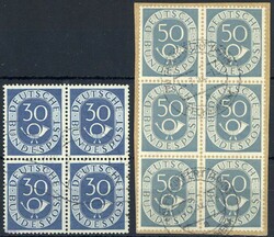 30 Pf. Posthorn 1951, im Viererblock (linke untere Marke eckrund), ...