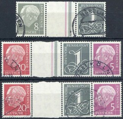 Heuss und Ziffer 1958, drei waager. ZD mit liegendem Wz., zweimal ...