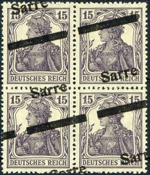 15 Pf. Germania mit Aufdruck 1920, im Viererblock mit diagonalem ...