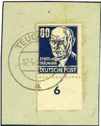 80 Pf. Persönlichkeiten 1953, mit Lacküberzug, Unterrandstück auf ...