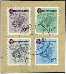 Rotes Kreuz-Satz 1949, gezähnt, auf Briefstück sauber zentr. gest., ...