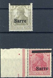2 Pf. und 10 Pf. Germania mit Aufdruck 1920, jew. mit verschobenem ...