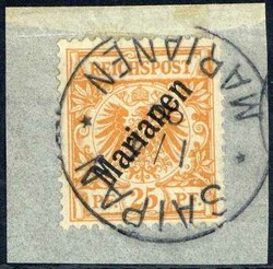 25 Pf. Krone/Adler mit diagonalem Aufdruck 'Marianen', auf ...