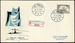 5 Kr. Freimarke 1958, auf Schmuck-R.-FDC 'Sdr Stromfjord 14.8.1958' ...