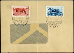 Tag des Pferdes-Satz 1949, beide Werte auf Blanko-Fenster-Schmuck-FDC ...