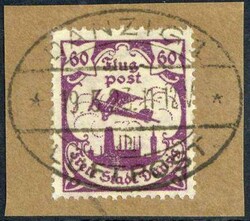 60 Pf. Flugpostmarke 1923, ideal zeitgerecht gest. auf Briefstück, ...