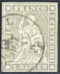 2 Rp. Strubel 1862, auf dickem Züricher Papier, mit grünem ...