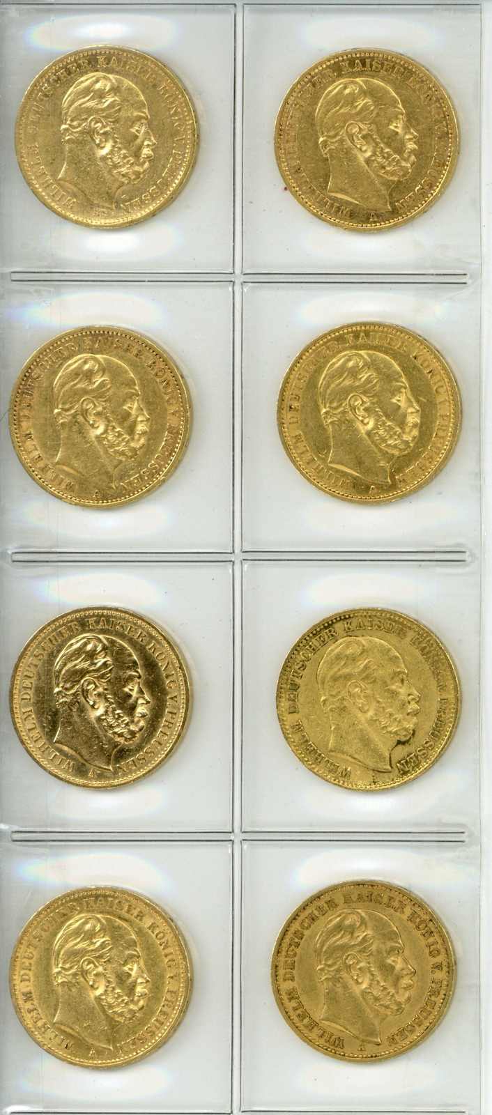 Preussen: 20 Mark Wilhelm I., Lot von acht Exemplaren vers. ...