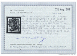 Greifswald, Type 8b. 15 Pf gestempelt, Befund vom 28.8.95 Dr. Modry ...