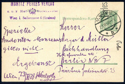 5 H-GA mit Perfin PERLES, gestempelt WIEN 16 23.6.08 nach Berlin, ...